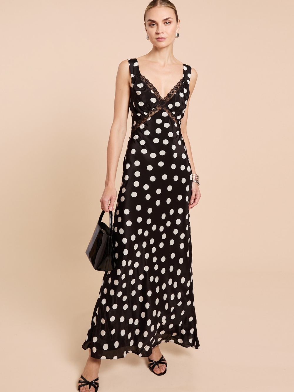 Kourt Sutton Polka Dot Lace-Trim Black Maxi Dress NWT Sz Small